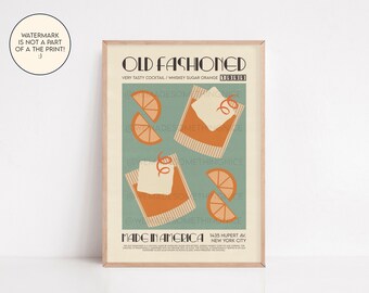 Old Fashioned Print, Drinks Poster, French Retro, Kitchen Decor, Cocktail Poster, Mid Century Modern, Housewarming Gift, Birthday