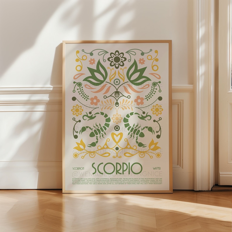 May include: A beige poster with a floral design and a scorpion illustration. The poster has the text "SCORPION" and "WATER" at the bottom. The text "@WEN GNICE" is also included.
