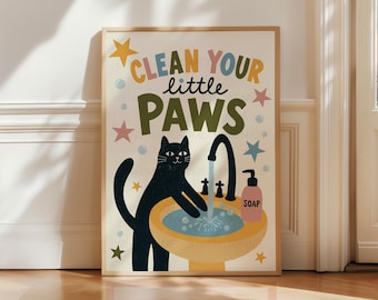 Clean Your Little Paws Print | Cute Cat Bathroom Decor | Funny Washroom Poster