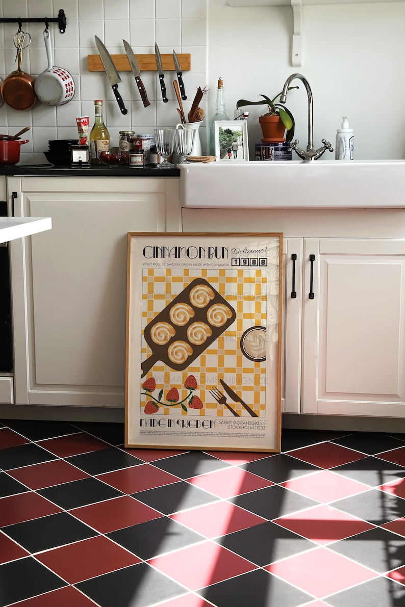Retro Cinnamon Bun Poster, Food Print, Modern Kitchen Decor, Retro Poster, Pop Art, Kitchen Art, Exhibition Poster, Housewarming, Croissant image 3