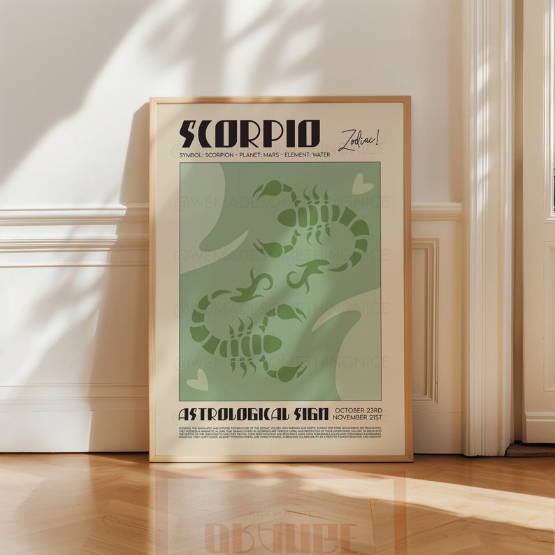Op de afbeelding: Een groene en bruine poster met de tekst "SCORPIO Zodiac!" en een gestileerde afbeelding van een schorpioen. De poster bevat ook de tekst "SYMBOL: SCORPION PLANET: MARS ELEMENT: WATER" en "ASTROLOGICAL SIGN OCTOBER 23RD NOVEMBER 21ST".