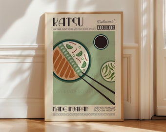 Katsu Poster, Kitchen Poster, Kitchen Print, Food Print, Modern Kitchen Decor, Illustration, Japanese, Exhibition Poster, Retro Wall Art