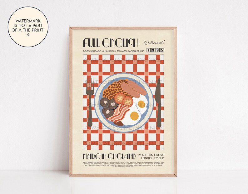 Full English Breakfast Poster, Food Print, Modern Kitchen Decor, Bar Art, Pop Art, Kitchen Poster, Exhibition Poster, Retro Wall Art 