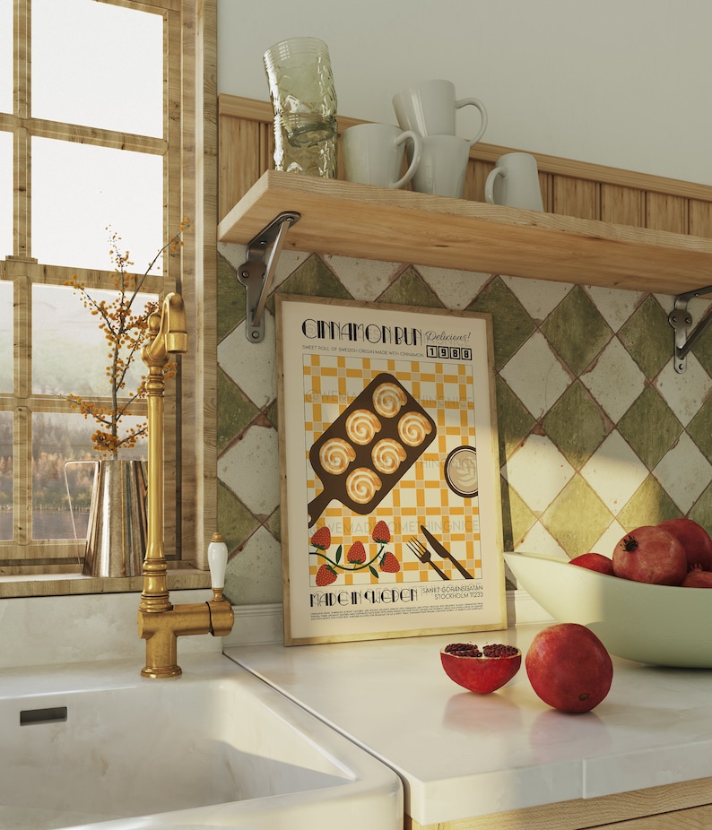 Retro Cinnamon Bun Poster, Food Print, Modern Kitchen Decor, Retro Poster, Pop Art, Kitchen Art, Exhibition Poster, Housewarming, Croissant image 2