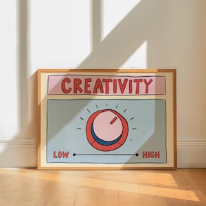 May include: A rectangular framed wall art print featuring a cartoon illustration of a dial knob. The top section has a pink background with the word CREATIVITY in red. Below, a blue panel shows a red and pink dial set to high, with LOW and HIGH text.