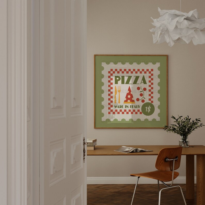 May include: A green framed poster with a red and white chequered background. The poster says "Pizza" in a red font with a red and white pizza slice, a fork, a knife, and a red tomato. The poster also says "Made in Italy" and "1$".
