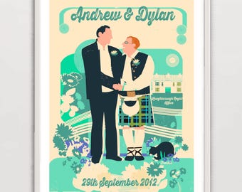 May include: A wedding announcement poster with a retro design featuring two men in formal attire. The poster is set against a green and yellow background with floral accents. The text reads "Andrew & Dylan" and "29th September 2012".