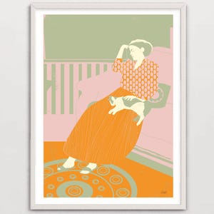 Digital Art Print - Woman Relaxing with Cat, Modern Minimalist Illustration, Fine Art Home Décor, Printable Wall Art Download