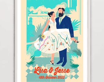 May include: A colourful illustration of a couple in a wedding setting. The bride is wearing a white dress with floral details and the groom is wearing a blue suit. The background is a mix of blue, green and yellow colours. The text "Lisa & Jesse 18th October 2022" is at the bottom of the image.