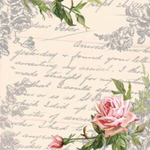 May include: A vintage-style design featuring a soft beige background with handwritten script and floral accents. The image includes a large pink rose with green leaves and gray rose outlines, creating a romantic aesthetic.