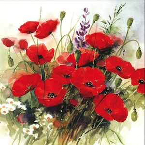 4 tovaglioli di carta Red Poppies. 33 cm x 33 cm spiegati. L'immagine è piegata in quattro. Decoupage, scrapbooking, artigianato e creazione di biglietti.