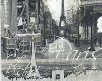 Puede incluir: Postal vintage en blanco y negro con una escena de calle parisina con la Torre Eiffel de fondo. La postal tiene el texto "Paris" escrito en la parte inferior.
