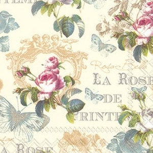 Tovaglioli di carta X 4 per decoupage, scrapbooking e artigianato. 33 cm x 33 cm Vintage French Rose