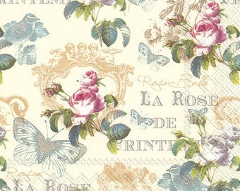 2 serviettes en papier napkins découpage collage 33 cm SAGEM VINTAGE LOVE ROSE 