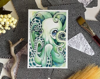 Green octopus watercolor art print, ocean art, aquatic wall decor, nautical prints, octopus painting, cute octopus, octopus gifts, beach art