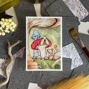 Moth and mushroom watercolor art print. mushroom art, cottagegore gifts, mushroom lovers gift, moth art, cottagecore decor, mushroom decor