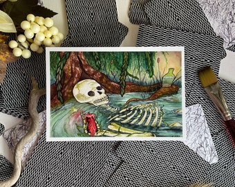 Skeleton macabre art print, skull art print, bones watercolor, occult art, dark art, goth art, memento mori art print, gothic gift,death art