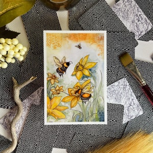 Bumblebee among daffodils watercolor art print, bee print, bee wall art, bee home decor, bees with flowers, daffodil painting, insect art
