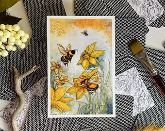 Bumblebee among daffodils watercolor art print, bee print, bee wall art, bee home decor, bees with flowers, daffodil painting, insect art