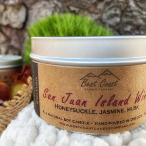 Sojakerze - San Juan - Washington - Westküste - Honigsuckle - PNW - Geschenke - Reisen - Kerze - handgegossen - Holzdocht - Behälterkerze