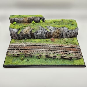 Può includere: Diorama ferroviario modello dettagliato con una scogliera rocciosa con vegetazione verde, una sezione di binari ferroviari e una piccola staccionata in legno. La base è ricoperta di erba verde, creando un paesaggio realistico.