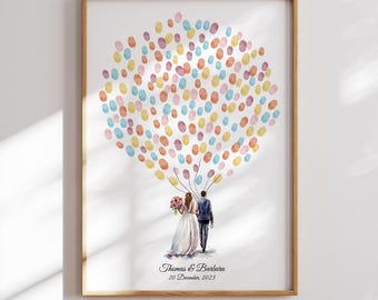Poster per libro degli ospiti di nozze con acquerello: palloncino con impronta digitale, ricordo personalizzato