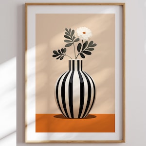 Jarrón a rayas con cartel de flores blancas, arte imprimible, decoración moderna del hogar, cartel botánico, diseño minimalista, arte de pared contemporáneo