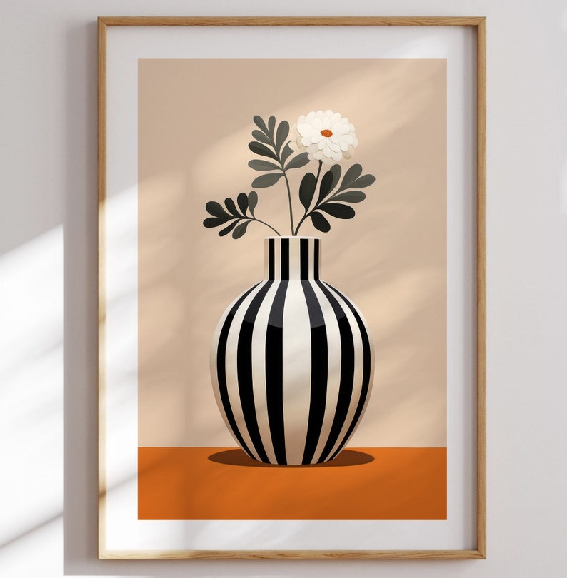 Striped Vase with White Flower Poster, Printable Art, Modern Home Decor, Botanical Poster, Minimalist Design, Contemporary Wall Art image 1