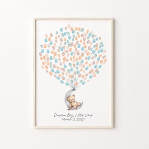 Baby Bear on the Moon, Guest Book, PRINTABLE GUEST BOOK, Birthday Fingerprint Balloon, Watercolor Bear Guest Book, Bear Thumbprint Tree