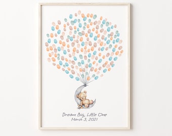 Baby Bear on the Moon, Guest Book, PRINTABLE GUEST BOOK, Birthday Fingerprint Balloon, Watercolor Bear Guest Book, Bear Thumbprint Tree