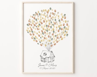 House Thumbprint Guest Book , PRINTABLE, Wedding Fingerprint Decor, Up House Sketch Thumbprint Balloon, Family Fingerprint Guest Book