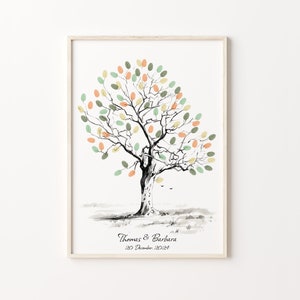 Puede incluir: Una ilustración en blanco y negro de un árbol con hojas verdes, amarillas y naranjas. El árbol está rodeado de un fondo gris. El texto "Thomas & Barbara" y "20 de diciembre de 2024" está impreso debajo del árbol.