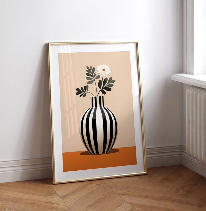 Striped Vase with White Flower Poster, Printable Art, Modern Home Decor, Botanical Poster, Minimalist Design, Contemporary Wall Art image 2