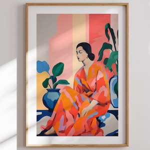 Mujer abstracta en medio del cartel botánico, arte imprimible, impresión de arte colorido, cartel azul rosa, arte contemporáneo, arte de la figura femenina