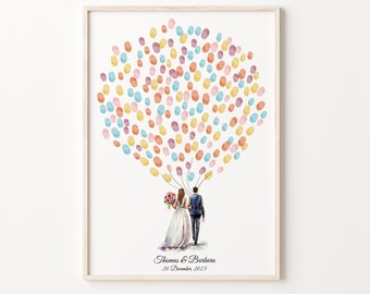 PRINTABLE GUEST BOOK, Personalized Wedding Fingerprint Guest Book Poster, Bride and Groom Balloon Design, Thumbprint Guestbook