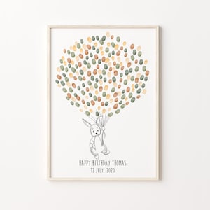 Baby Rabbit Guest Book, LIBRO DEGLI OSPITI STAMPABILE, Palloncino delle impronte digitali di compleanno, Libro degli ospiti di schizzi di coniglio, Albero dell'impronta digitale dei conigli