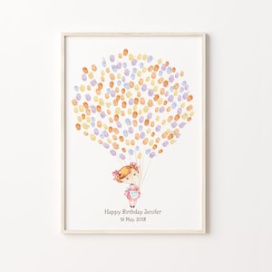 Printable Guest Book – Baby Girl Fingerprint Balloon, Baby Shower & Birthday Keepsake