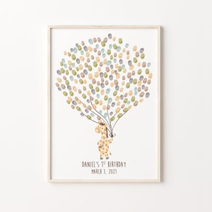 Baby Giraffe Gästebuch, DRUCKBARES GÄSTEBUCH, Geburtstag Fingerabdruck Luftballon, Aquarell Giraffe Gästebuch, Giraffe Daumenabdruck Baum