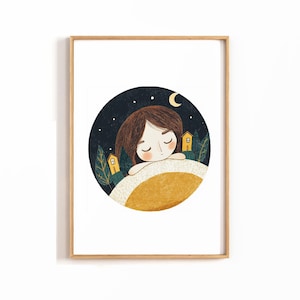 Skurril Mond Mädchen Art Print - verträumte Wand Dekor druckbare digitale Download für Fantasy-Liebhaber, Celestial Home Aesthetic & Boho Interiors