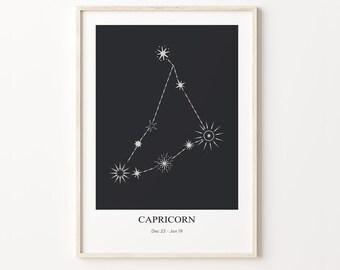 Capricorn Zodiac Print, Zodiac Constellation, Capricorn Star Sign Art, Modern Geometric Poster, Astrology Print, Star Sign, Instant Download