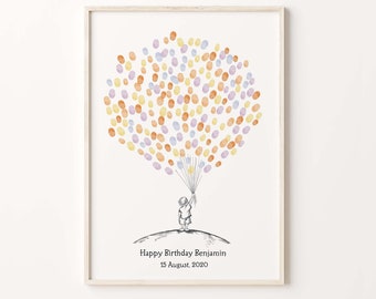 Baby Boy Sketch Guest Book, PRINTABLE GUEST BOOK, Birthday Fingerprint Balloon, Boy With Thumbprint Balloon, Baby Shower Book Guest Book