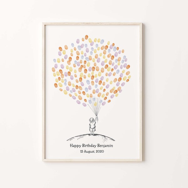 Baby Boy Sketch Guest Book, PRINTABLE GUEST BOOK, Birthday Fingerprint Balloon, Boy With Thumbprint Balloon, Baby Shower Book Guest Book