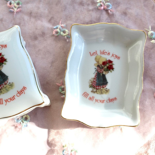 Vintage Matching Pair Holly Hobbie Trinket Box and Trinket Dish, Let Life's Joys Fill All Your Days, 1981