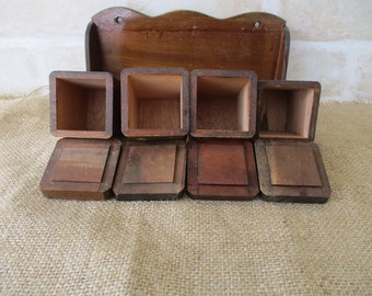 Vintage Rustic Spice Rack with 4 Lidded Wooden Spice Boxes Nutmeg, Salt, Pepper, Paprika, Cottagecore Decor, Farmhouse Decor