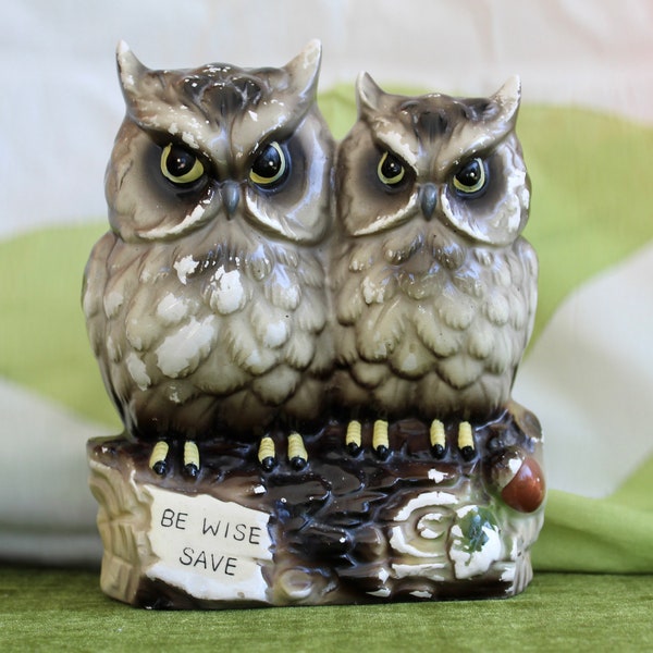 Vintage Owl Money Boy, Made in Japan,  2 Ceramic Owls "Be Wise Save" Ceramic with Stopper