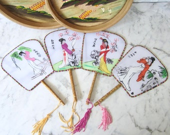 Vintage Chinese Faux Silk Paddle Fans (x4) with Bamboo Handles, Oriental Hand Held Fans, Far East Decor