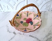 Vintage Pink Dish with Rattan Handle, Dressing Table Decor, Shabby Chic Decor, Trinket Dish