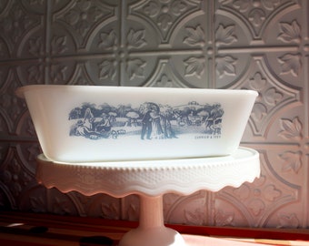 Glasbake Loaf Pan, Currier & Ives, Pattern J-522 Blue and White, Made in USA, Collectible Glass