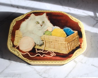 Vintage W.D. Allen Tin with Sewing Contents included, Hinged Lid Kitten Tin, Sewing Tin, Old Lolly Tin