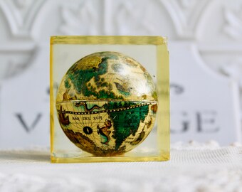 Vintage Lucite World Earth Globe, Acrylic Antique Globe, Cube Lucite Paperweight